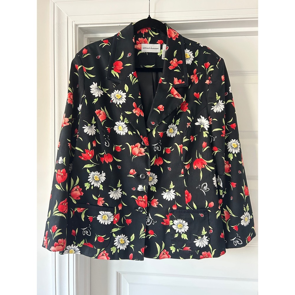Alfred‎ Dunner Womens Floral Blazer Black Red Tulips Daisies Ladybugs Size 18